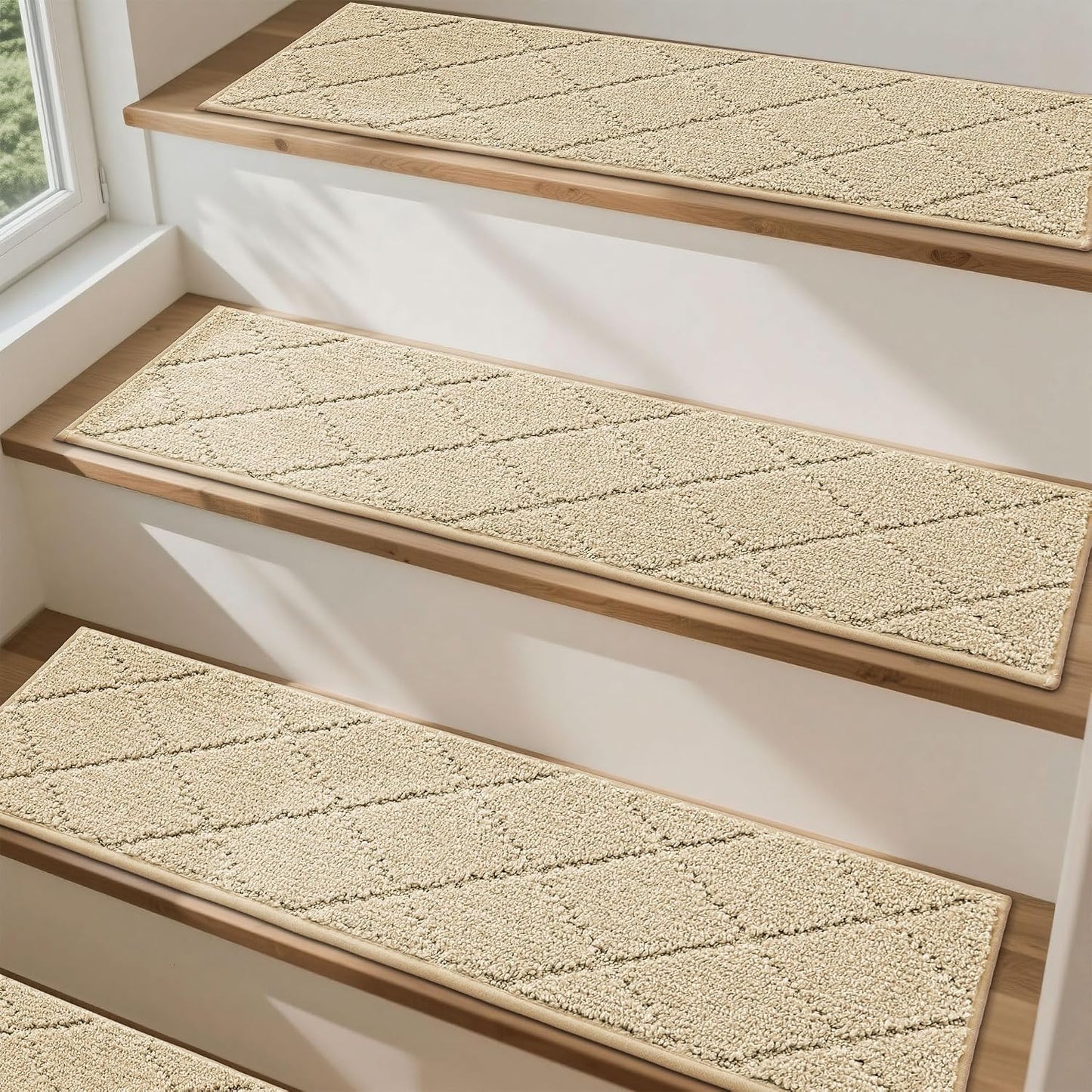 COSY HOMEER Edging Stair Treads Non-Slip Carpet Mat 28inX9in Indoor Stair Runners for Wooden Steps, Edging Stair Rugs for Kids and Dogs, 100% Polyester TPE Backing(4pc, Beige)