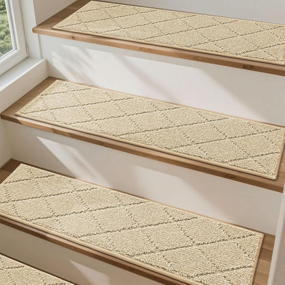 COSY HOMEER Edging Stair Treads Non-Slip Carpet Mat 28inX9in Indoor Stair Runners for Wooden Steps, Edging Stair Rugs for Kids and Dogs, 100% Polyester TPE Backing(4pc, Beige)
