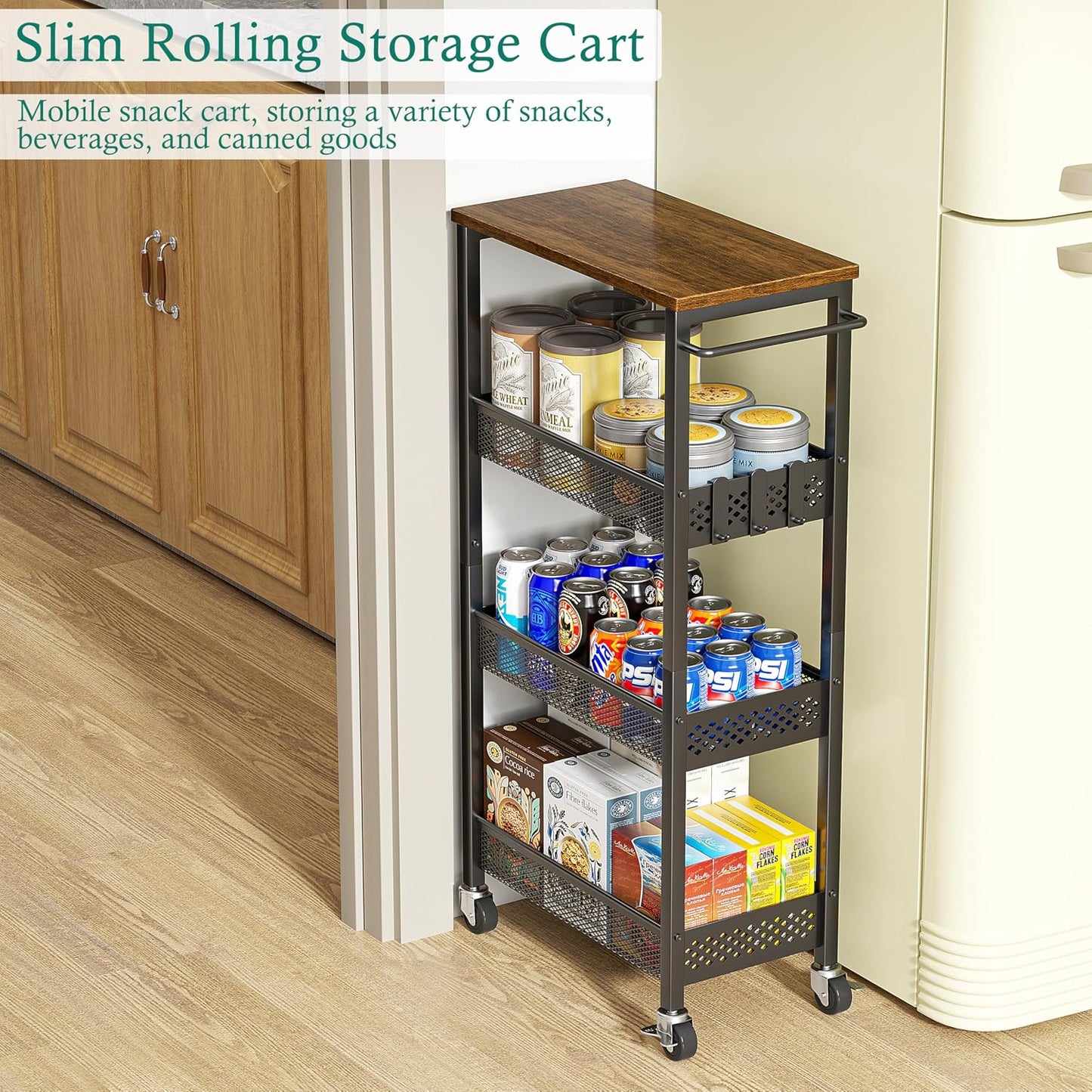XYZLVSI Slim Storage Cart 4 Tier Narrow Kitchen Rolling Cart on Wheels for Small Space, Mobile Utility Cart Shelving Unit with Wooden Top and Metal Handle for Kitchen, Bathroom, Laundry Room