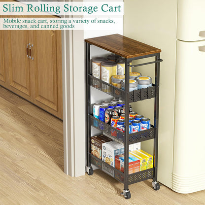 XYZLVSI Slim Storage Cart 4 Tier Narrow Kitchen Rolling Cart on Wheels for Small Space, Mobile Utility Cart Shelving Unit with Wooden Top and Metal Handle for Kitchen, Bathroom, Laundry Room