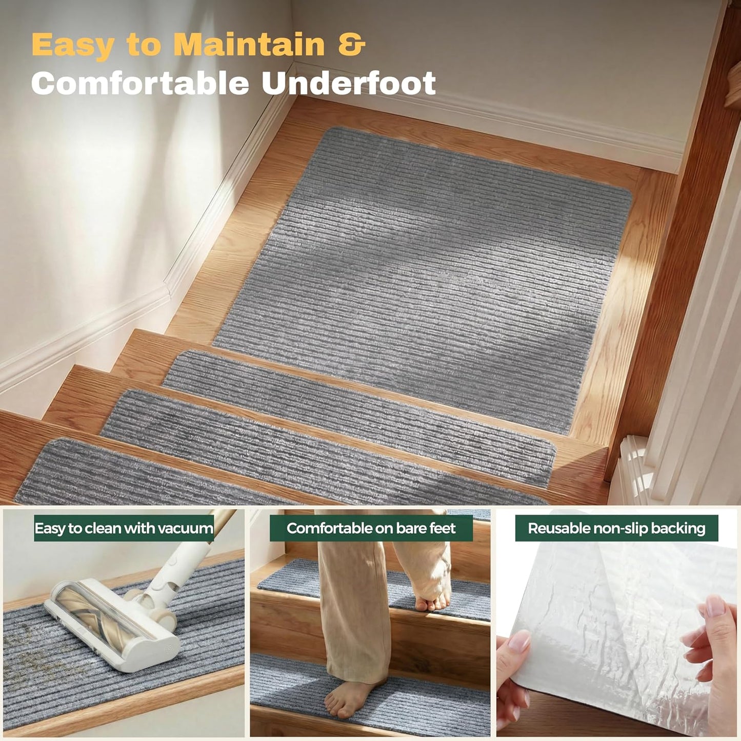 MBIGM 8" X 30" (15 in Pack) Nonslip Carpet Stair Treads Non-Skid Safety Rug Slip Resistant Indoor Runner for Kids Elders & Pets with Reusable Adhesive - Brown - Non Slip Stair Treads Indoor