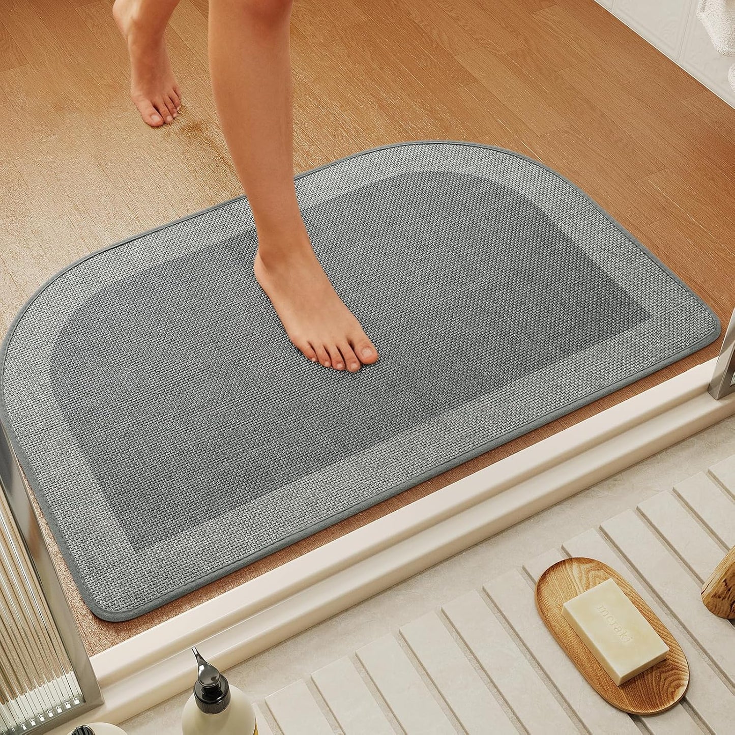 YDKGL Ultra Thin Bathroom Rugs Mat Quick Dry Absorbent Non Slip Bath Mat Bath Mats for Bathtub Mat Bathroom Carpet Fit Under Door Washable Floor Rubber Half Round Bath Rugs Grey 16x24