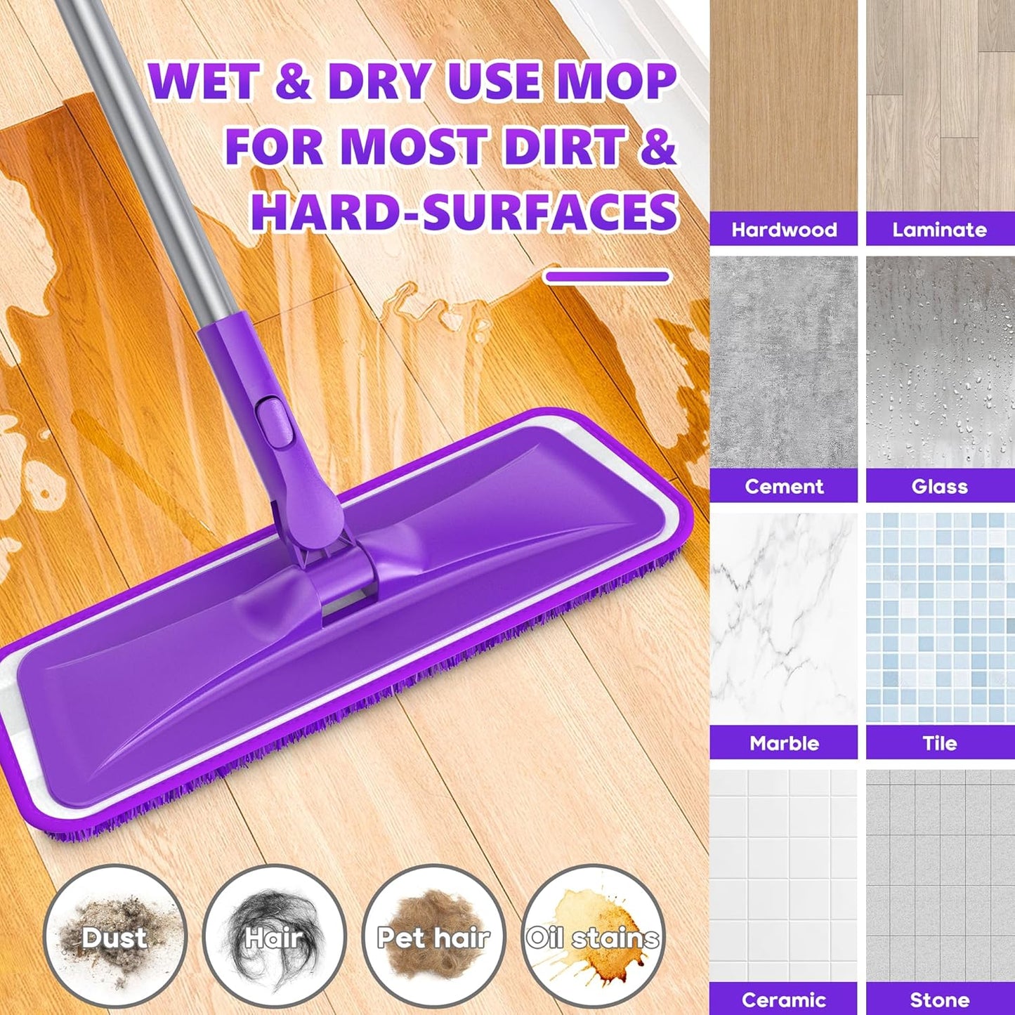 Microfiber Mops for Hardwood Floor Cleaning - BPAWA Flat Floor Mop with 4 Washable Pads for Laminate Wood Tile Vinyl Home Kitchen Bathroom - 59" Adjustable Handle