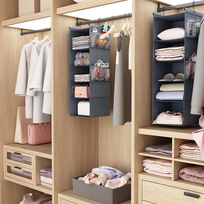 MAX Houser 4-Shelf Hanging Closet Organizer, Space Saver, Cloth Hanging Shelves with 2 Side Pockets, Foldable (Beige)