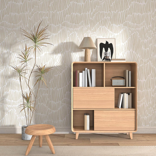 Theper Beige Wallpaper 17.3"×78.8" Modern Striped Peel and Stick Wallpaper Boho Removable Self Adhesive Wall Paper for Bedroom Waterproof White and Gold Contact Paper for Cabinets Vinyl