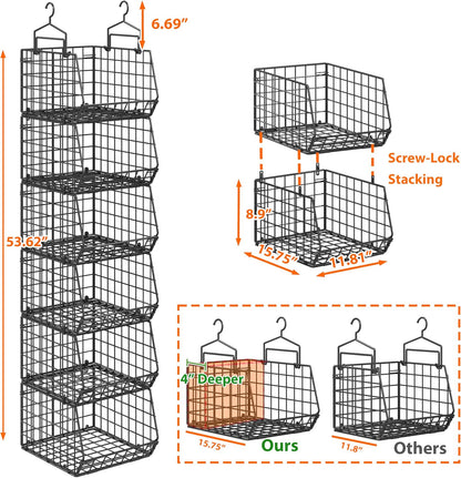 8-Tier Extended Depth Hanging Closet Organizers and Storage for Closet System, Stackable Closet Shelves with 4 Adjustable Dividers for Clothes Sweaters Purses, Wire Hanging Basket Fits Closet Laundry