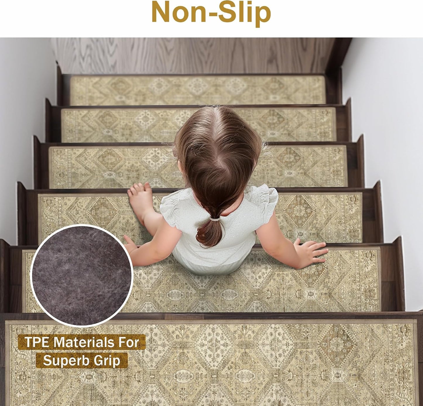 sarben Non Slip Stair Treads for Wooden Steps 15PCS - 8"x30" Indoor Safety Carpet, Edging Mats with TPE Adhesive Backing, Pet and Elderly Friendly Stair Rugs (Taupe) - Colors A