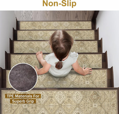 sarben Non Slip Stair Treads for Wooden Steps 15PCS - 8"x30" Indoor Safety Carpet, Edging Mats with TPE Adhesive Backing, Pet and Elderly Friendly Stair Rugs (Taupe) - Colors A