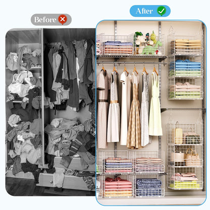 Sonyabecca 3-Tier Hanging Closet Organizers and Storage, Foldable Stackable Wire Basket Bins with 5 S Hooks, Space-Saving Hanging Closet Shelf for Clothing, Sweaters, Handbags, Hats,Purse