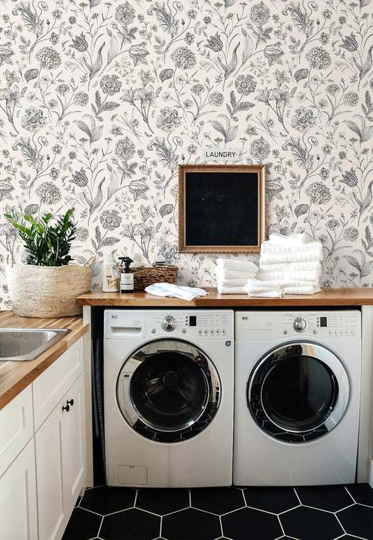 Black and Beige Peel and Stick Wallpaper Botanical Contact Paper 16.9inch x 118.1inch Floral Wall Paper Peel and Stick for Bathroom Bedroom Removable Self Adhesive Wallpaper Decor Vinyl