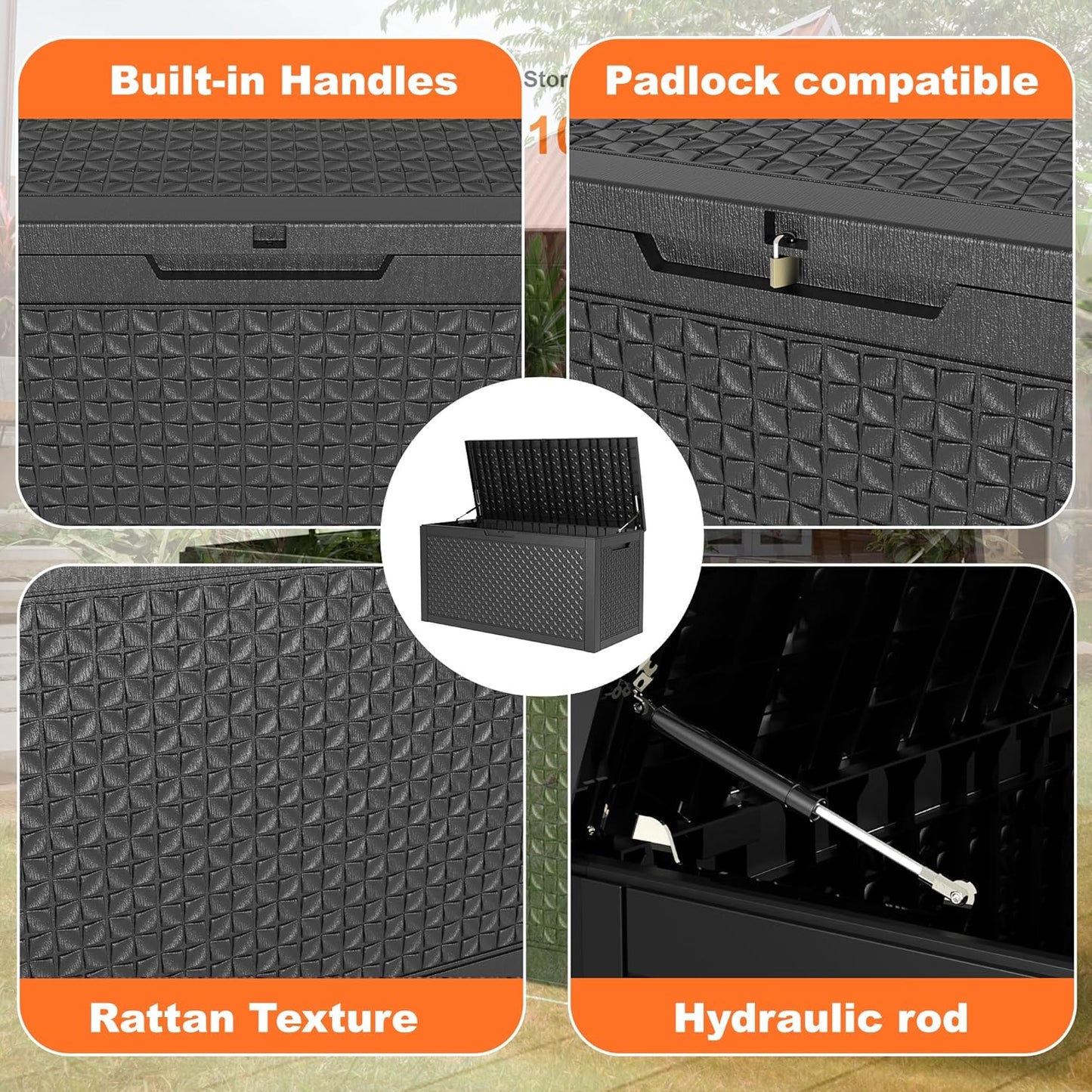 125Gal Outdoor Storage Box, Lockable Deck Box with Hydraulic Lid | Waterproof UV-resistant, Durable outdoor bin for patio cushions, pool accessories & garden tools. Keeps contents secure & dry