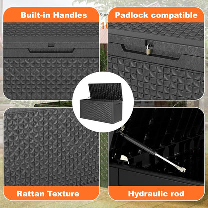 125Gal Outdoor Storage Box, Lockable Deck Box with Hydraulic Lid | Waterproof UV-resistant, Durable outdoor bin for patio cushions, pool accessories & garden tools. Keeps contents secure & dry