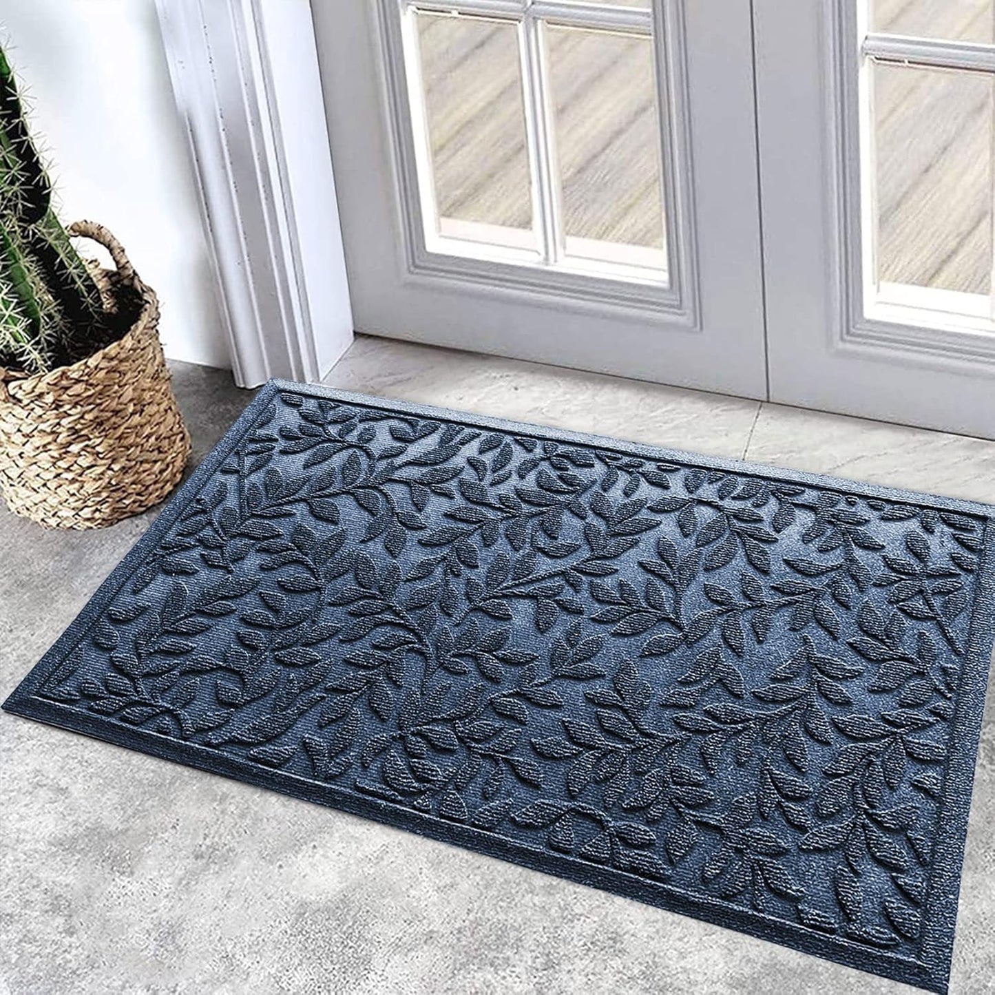 Bulijojo Sturdy Front Entrance Doormats,Durable Heavy Duty Welcome Mat,Thick Absorbent Natural Rubber Non Slip Mat,Easy Clean Entryway Mat 17x30 Inch Leaves Green