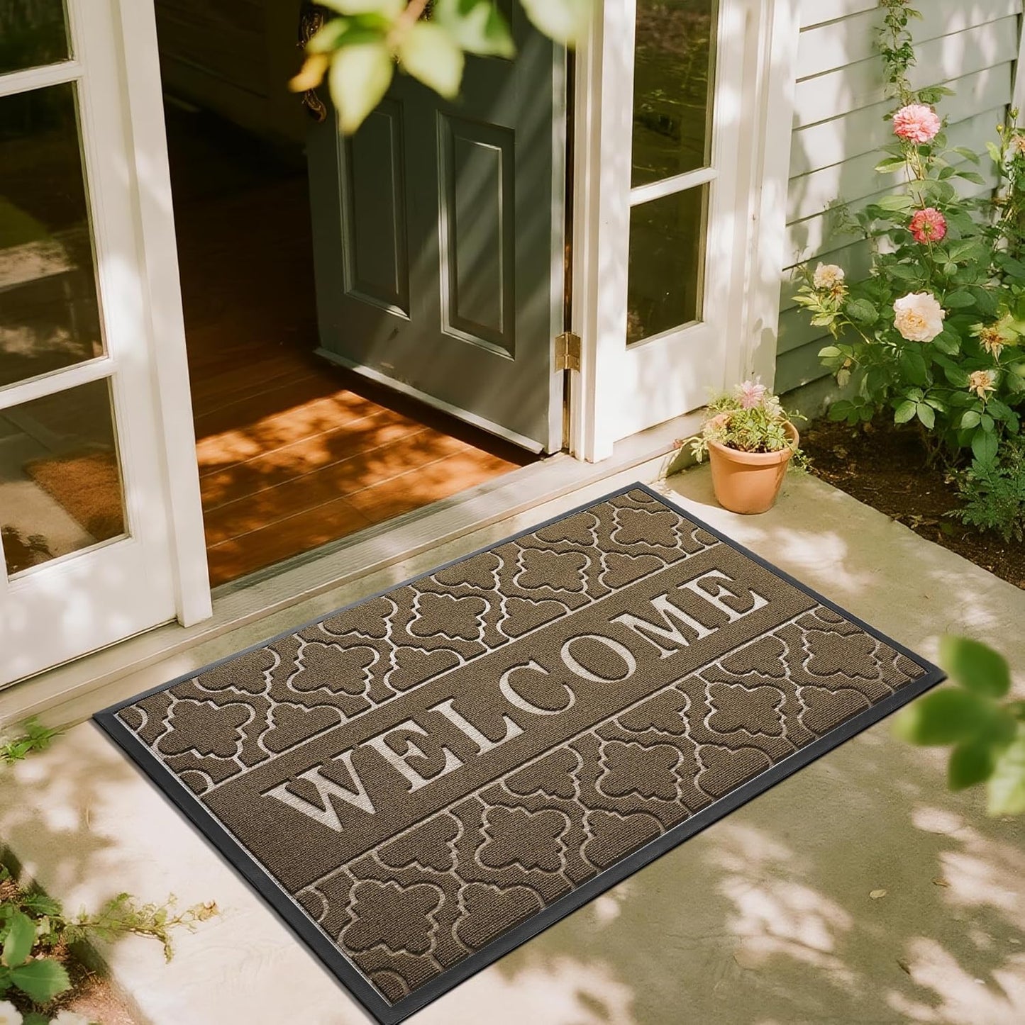 Yimobra Welcome Mat Outdoor Indoor, All-Weather Waterproof Front Door Mat Outside Entrance, Non-Slip Low Profile Porch Patio Doormat, 29.5x17, Black