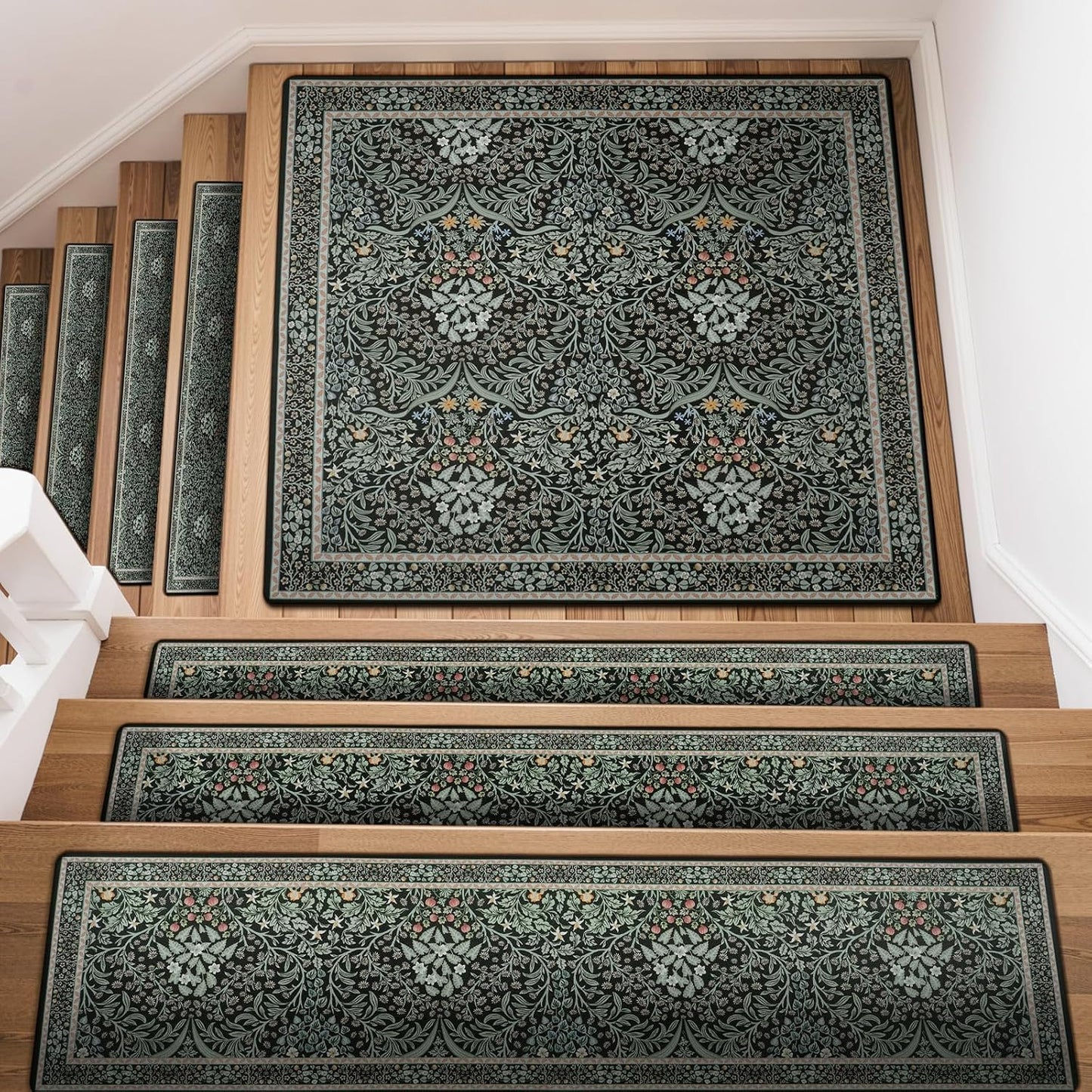 OJIA Floral Stair Treads Non-Slip Stair Runner for Wooden Steps Indoor 15PCS 30"x8" Carpet Stair Treads Stair Mats Staircase Step Treads for Kids, Elders and Dogs, Stair Covers, Black
