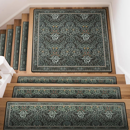 OJIA Floral Stair Treads Non-Slip Stair Runner for Wooden Steps Indoor 15PCS 30"x8" Carpet Stair Treads Stair Mats Staircase Step Treads for Kids, Elders and Dogs, Stair Covers, Black
