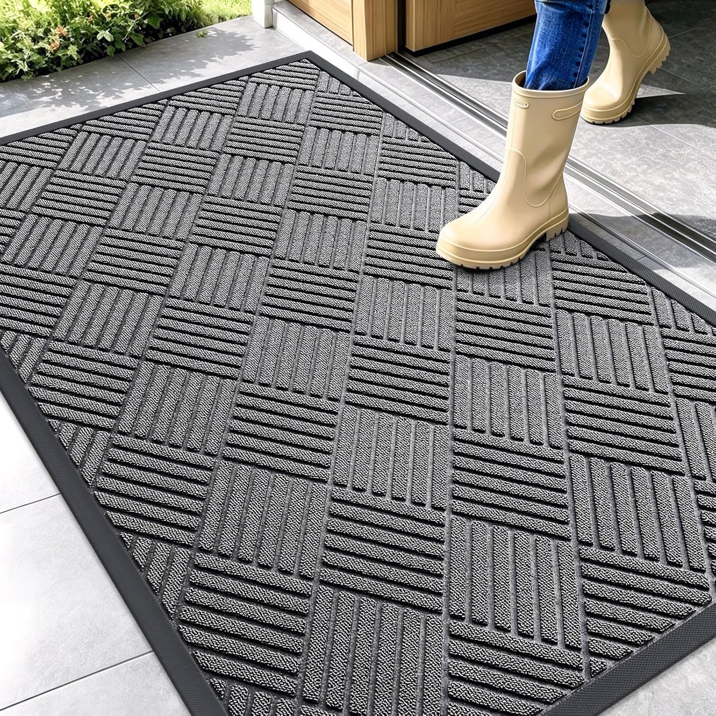 OLANLY Front Door Mat Outside Entrance 29.5x17, Absorbent, Heavy Duty Sturdy Natural Rubber Doormat Indoor Outdoor, Stain and Fade Resistant, Non-Slip Low Profile Floor Mat for Entryway, Grey Diamond