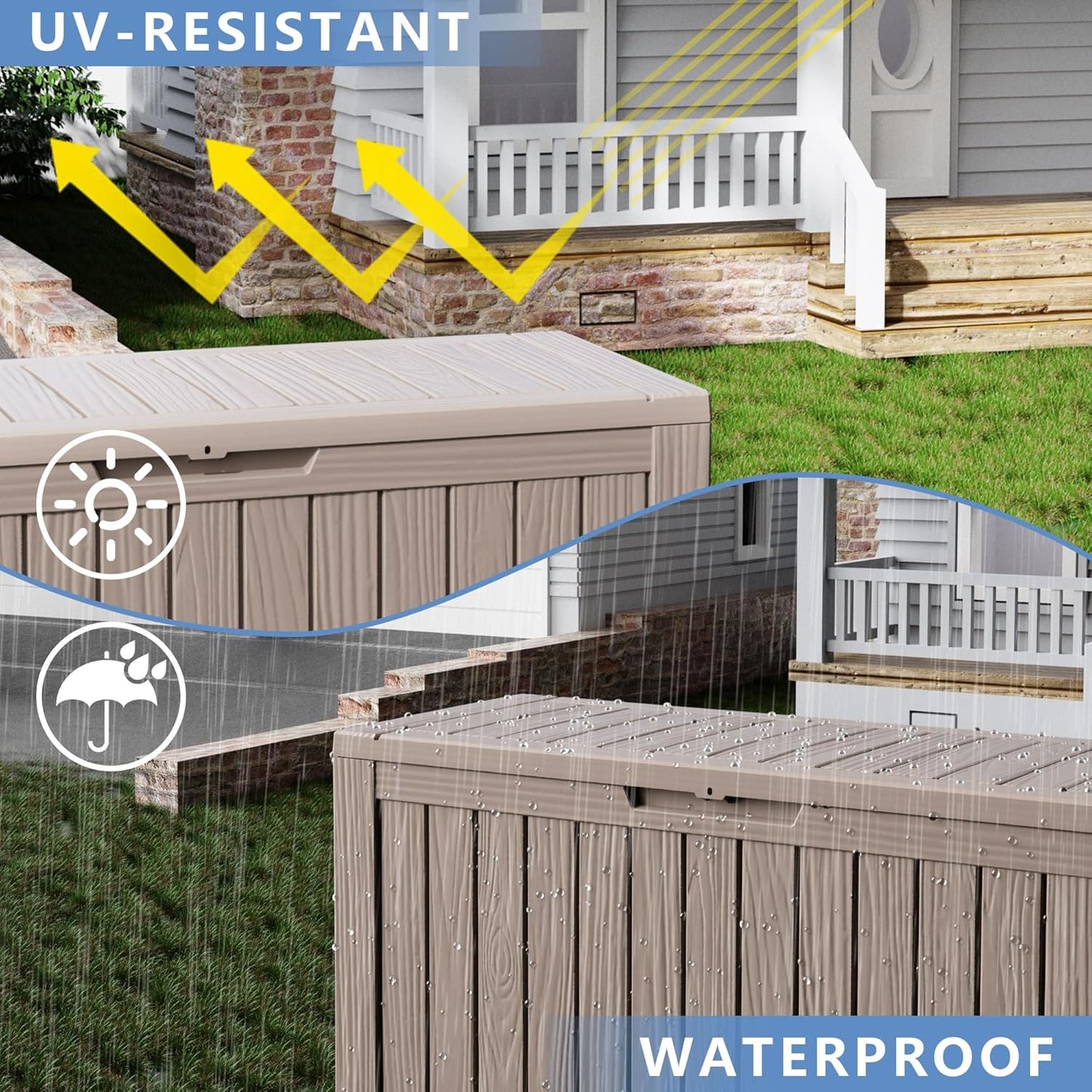 320 Gallon Waterproof Outdoor Storage Box, UV Resistant Resin Deck Box with Hydraulic Rod for Reinforced Stability, Perfect for Patio, Garden, and Pool（Black，320 Gallon）