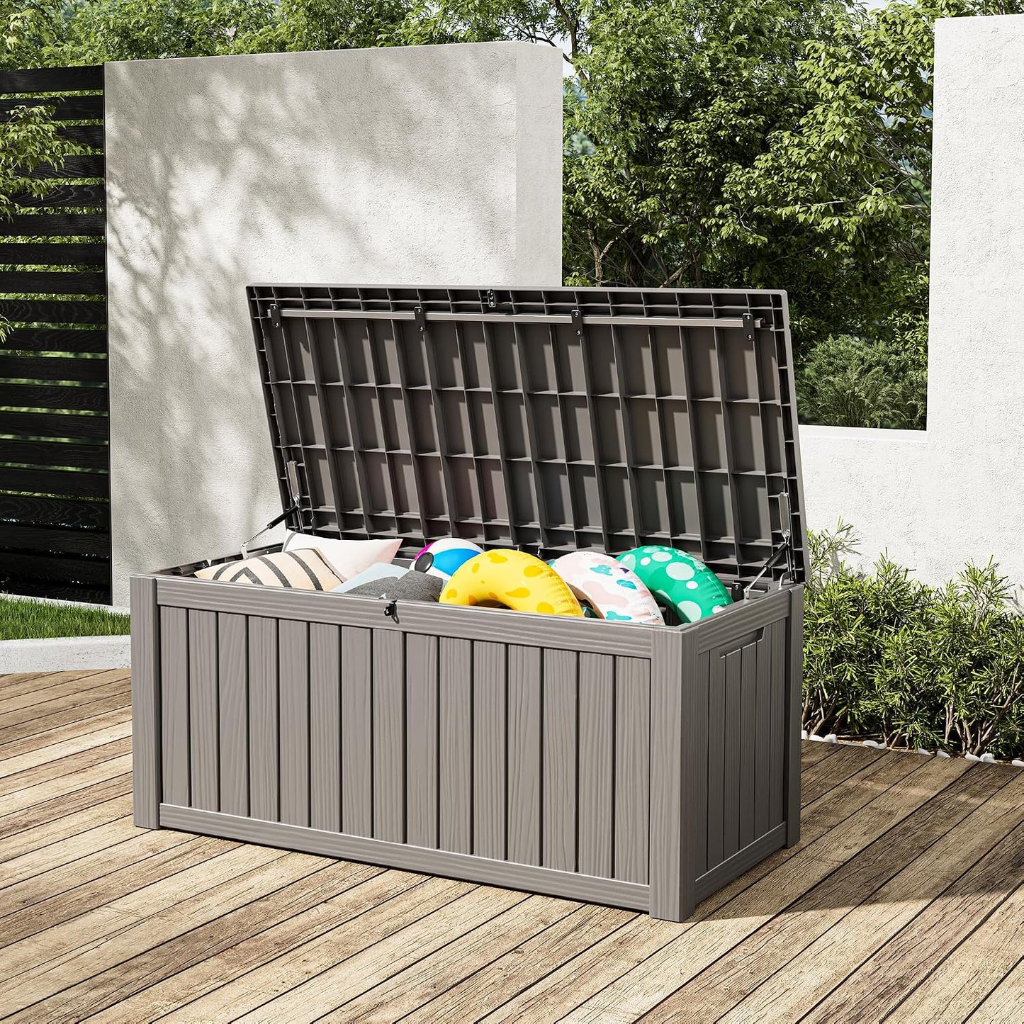 NUNU LAB Outdoor Storage Box, 45 Gallon Outside Deck Box Waterproof, Resin Outdoor Storage Cabinet With Lockable Lid, Backyard Storage Bench For Garden Tools, Patio Cushions, Pool Tools, Black