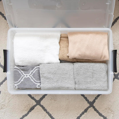 IRIS USA 33 Qt Plastic Under Bed Storage Organizer Bin Container with Secure Lids and Durable Black Buckles, Multi-Purpose for Clothes, Shoes, Clothing, and Bedding, Short, Clear, 3 Pack