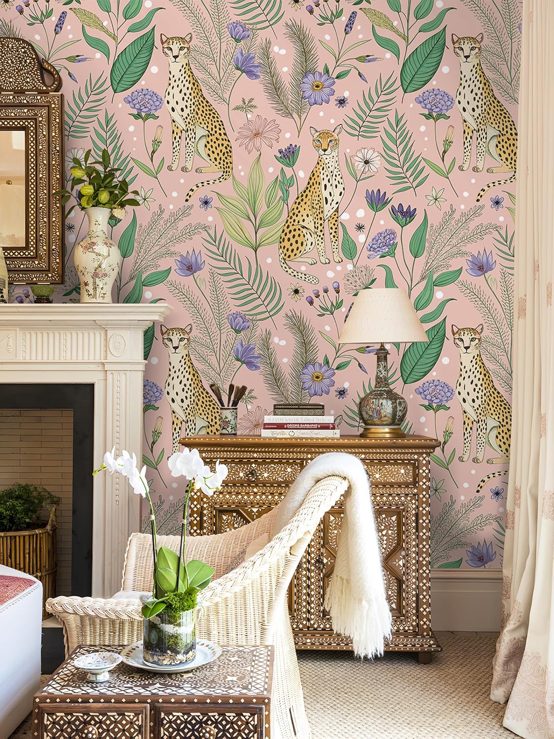 Floralplus Peel and Stick Wallpaper Leopard Jungle Removable Wallpaper for Bathroom Renter Friendly Wallpapers Self Adhesive Animal Floral Contact Paper for Accent Wall 17.5 x 118 in