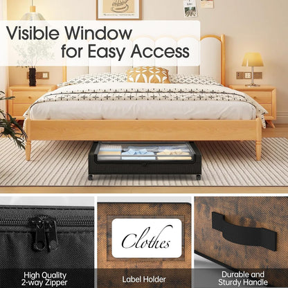 Yecaye Under Bed Storage with Wheels, 2 Pack Under Bed Storage Containers, 60L Underbed Shoe Storage with Clear Window & Label, Rolling Under Bed Metal Drawer for Clothes, Shoes, Books, Blankets