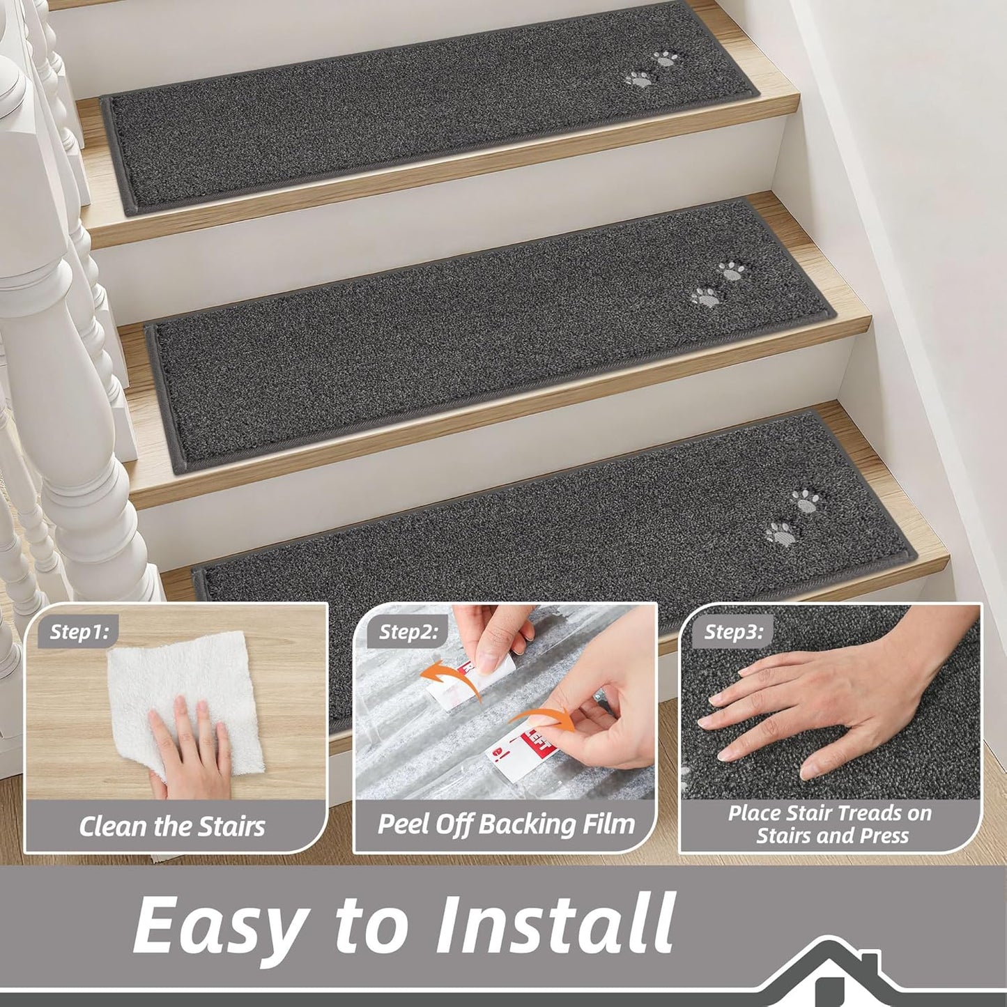BEQHAUSE Stair Treads for Wooden Steps 28inX9in, Non Slip Carpet Stair Treads Indoor Stair Runners Machine Washable, Soft Stair Rugs Mat Surface Polyester TPE Backing, 4pcs, Charcoal