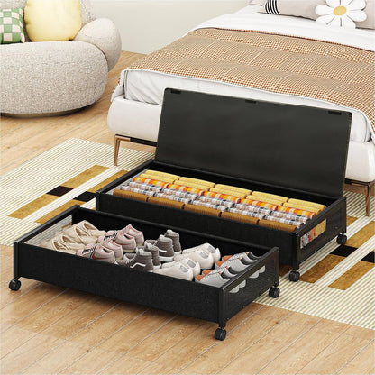 2 Pack Under the Bed Storage Containers,10 inch Height Under Bed Shoe Storage,31inch Long Underbed Storage with Wheels,Large Rolling under bed Clothes Storage Drawers with Lid for Dorm Tall ,Black