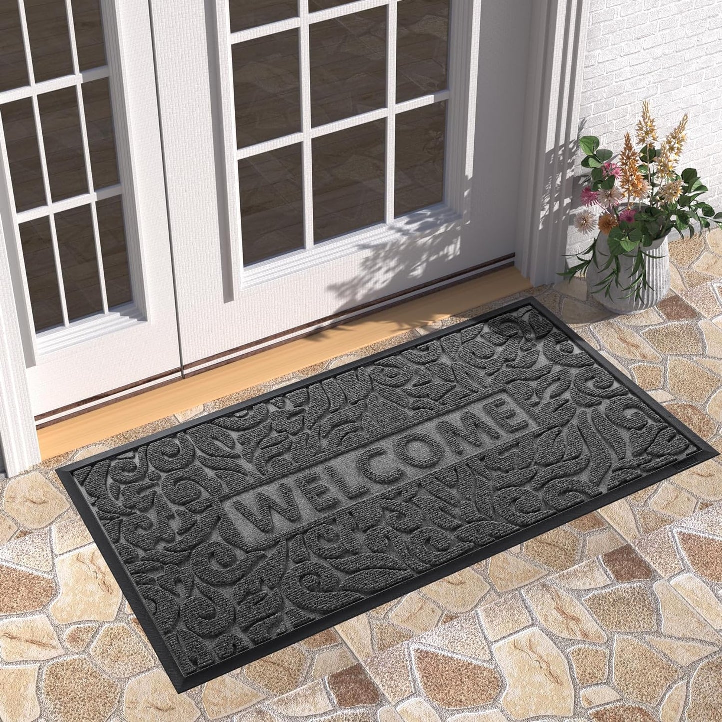 Yimobra Welcome Mat Outdoor 29.5x17, Waterproof Non-Slip Outdoor Mats for Front Door Outside Entrance, Low-Profile Entryway Mat Indoor for Garage Patio, Black