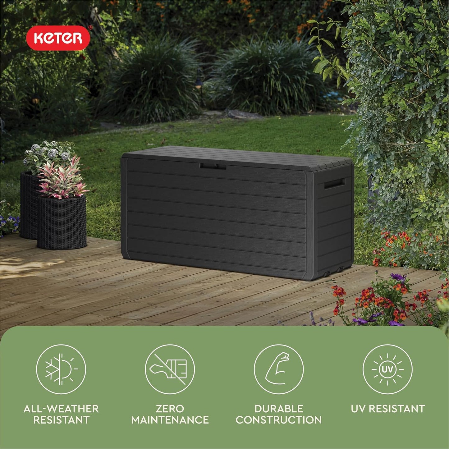 Keter Marvel Plus 71 Gallon Resin Outdoor Storage Box for Patio Furniture Cushions, Throw Pillows, Garden Tools and Pool Floats, Brown