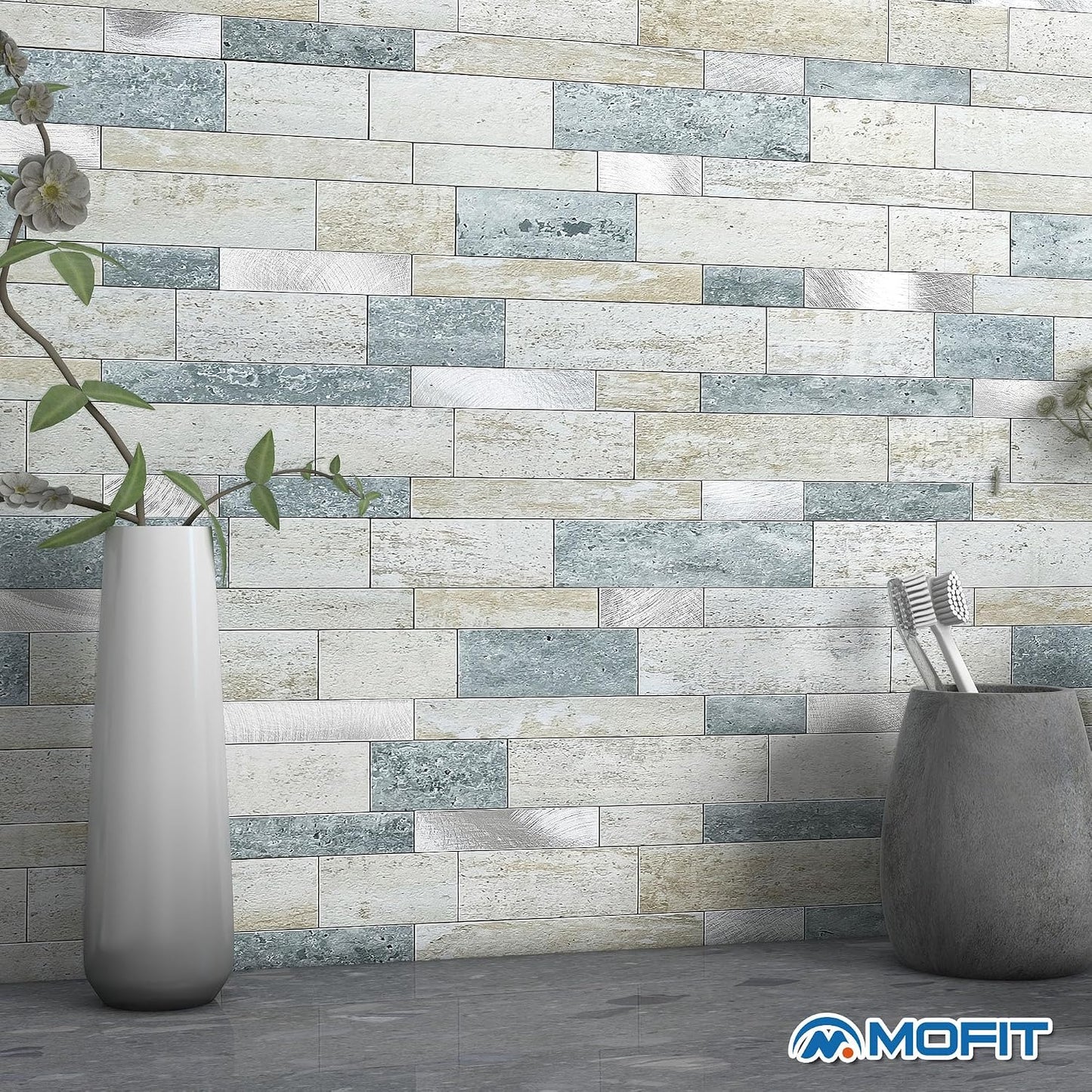 MOFIT Backsplash Tile for Kitchen Peel and Stick Stone Matte Finish,Bathroom Tiles Stickers 3D Wall Panel Linear Mosaic Marble Backsplash Waterproof(10sheets,Blue Green Gray)