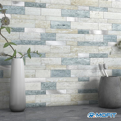 MOFIT Backsplash Tile for Kitchen Peel and Stick Stone Matte Finish,Bathroom Tiles Stickers 3D Wall Panel Linear Mosaic Marble Backsplash Waterproof(10sheets,Blue Green Gray)