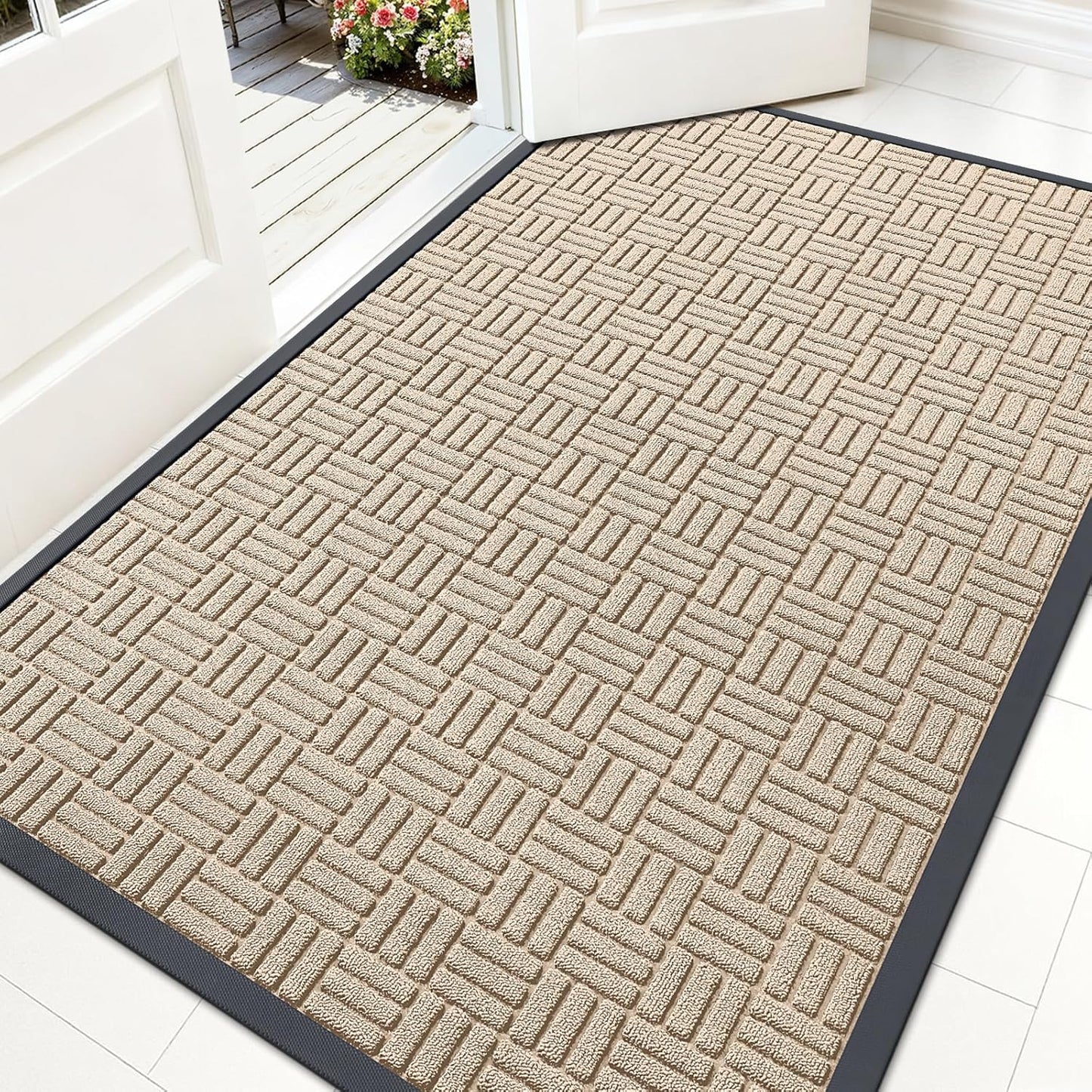 OLANLY Front Door Mat Outside Entrance 29.5x17, Absorbent, Heavy Duty Sturdy Natural Rubber Doormat Indoor Outdoor, Stain and Fade Resistant, Non-Slip Backing Low Profile Floor Mat for Entryway, Grey