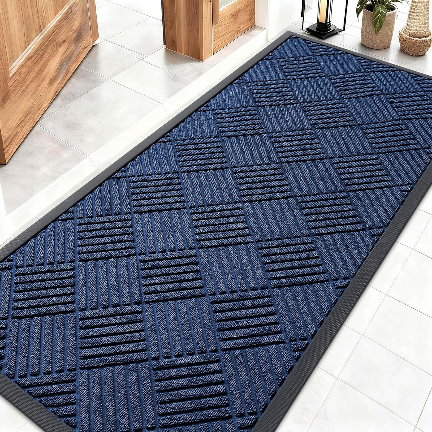 OLANLY Front Door Mat Outside Entrance 29.5x17, Absorbent, Heavy Duty Sturdy Natural Rubber Doormat Indoor Outdoor, Stain and Fade Resistant, Non-Slip Low Profile Floor Mat for Entryway, Grey Diamond