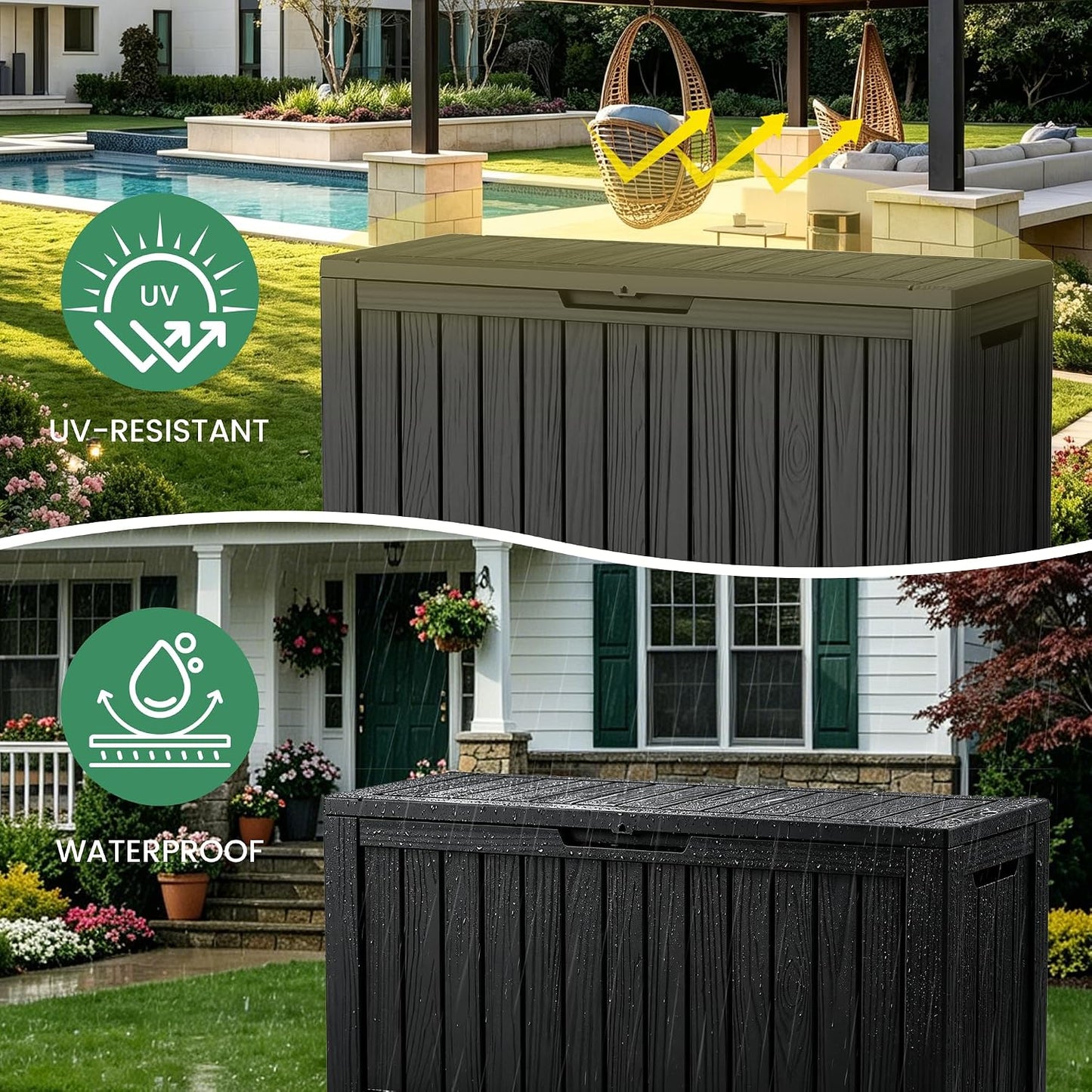 100 Gallon Storage Box, Waterproof Resin Deck Box with Hydraulic Piston Design, Lockable Storage Bench for Package Delivery, Storage Bin for Patio Cushions, Garden Tools, Black