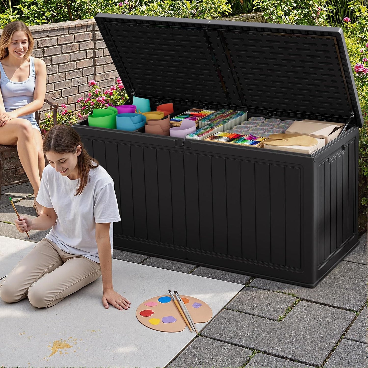 JUMMICO 31 Gallon Resin Deck Box Waterproof Indoor Outdoor Storage Boxes for Patio Furniture Cushions and Garden Tools (Brown)