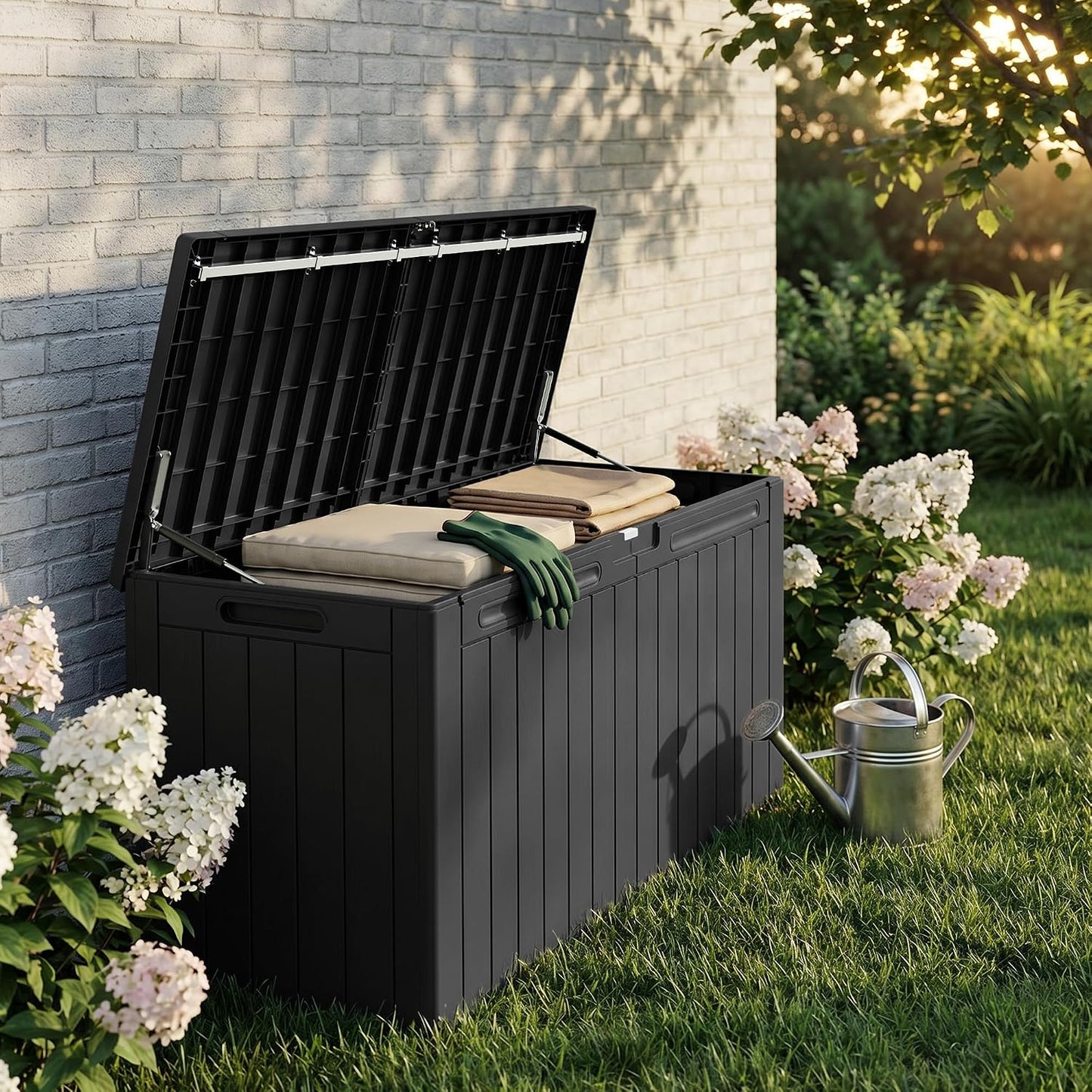 32 Gallon Deck Box Outdoor Indoor Waterproof Storage Box for Patio Furniture, Pool Accessories, Garden Tools, and Cushion Storage, Black