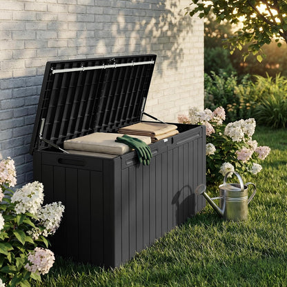 32 Gallon Deck Box Outdoor Indoor Waterproof Storage Box for Patio Furniture, Pool Accessories, Garden Tools, and Cushion Storage, Black