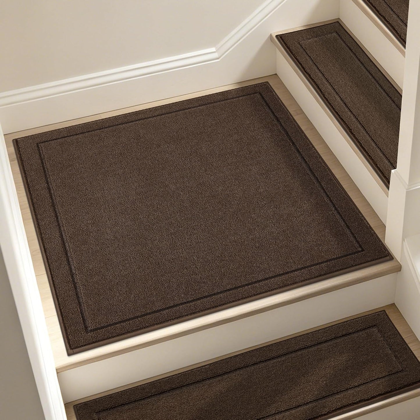 JSEI Stair Treads for Wooden Steps Indoor, 15-Pack Non Slip Stair Treads 30" x 8", Washable Polyester Stair Mats with TPE Backing, Low Profile Stair Rugs for Kids, Seniors and Dogs, Brown