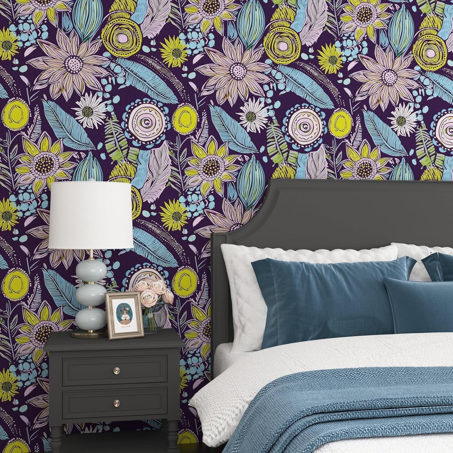 Blue Wallpaper Peel and Stick,Vintage Boho Floral Contact Paper 17.5" x 118", Retro Botanical Flower Wall Paper Self Adhesive Removable Waterproof for Walls Shelves Cabinet Table (Blue,Yellow, Green)