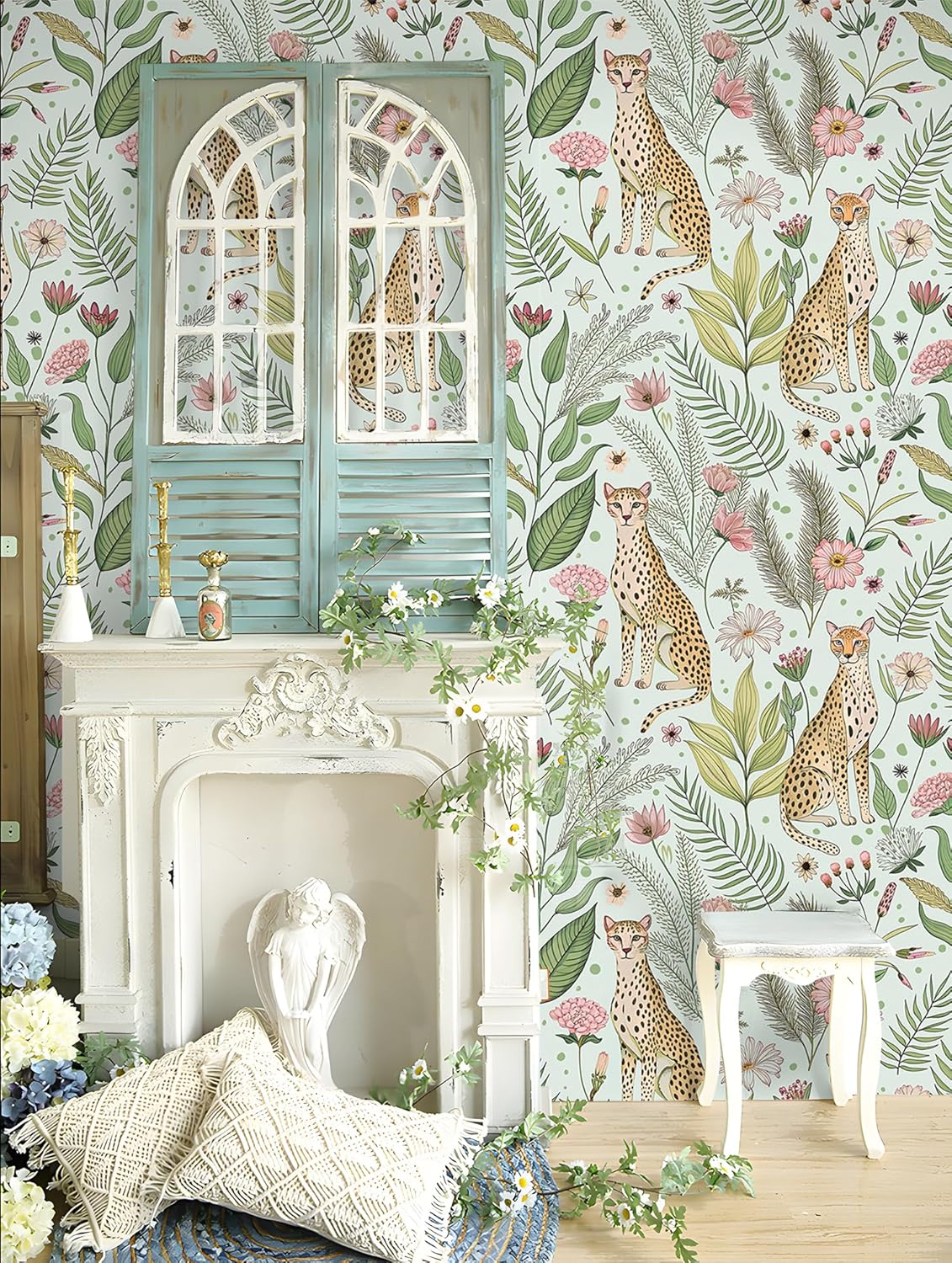 Floralplus Peel and Stick Wallpaper Leopard Jungle Removable Wallpaper for Bathroom Renter Friendly Wallpapers Self Adhesive Animal Floral Contact Paper for Accent Wall 17.5 x 118 in