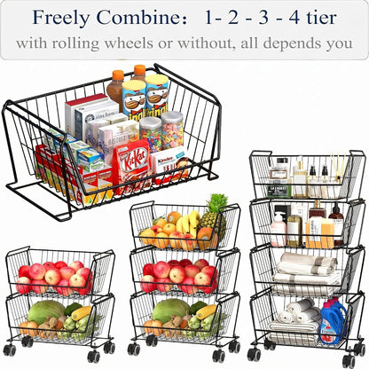 PUSDON 6-Tier Tall Stackable Wire Storage Baskets with Wheels, Vertical Metal Rolling Utility Cart, High Capacity Produce Basket for Kitchen Pantry, Snack Organizer, Matte Black