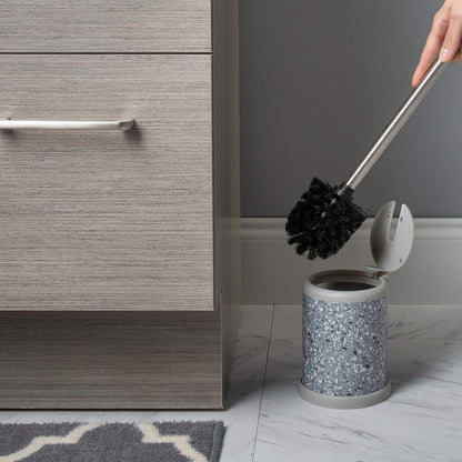 Bath Bliss Toilet Brush and Holder | Self Closing Lid | 360 Degree Brush Head | Bathroom Cleaning | Compact Size | Storage and Organization | Stainless Steel
