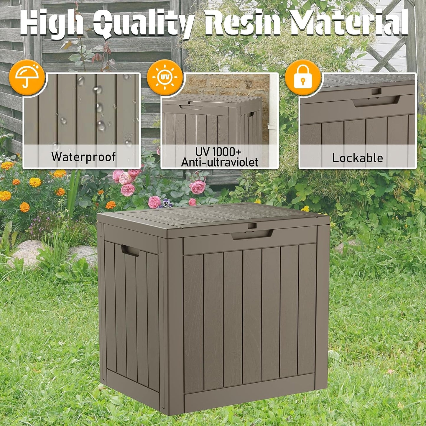 NUNU LAB Outdoor Storage Box, 45 Gallon Outside Deck Box Waterproof, Resin Outdoor Storage Cabinet With Lockable Lid, Backyard Storage Bench For Garden Tools, Patio Cushions, Pool Tools, Black