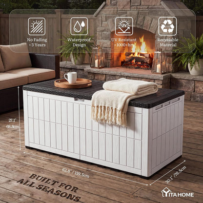 YITAHOME 134 Gallon Large Deck Box | Waterproof Resin Outdoor Storage Box with Lock, Doubles as 2-Person Bench Seating for Patio Furniture Cushions,Garden Tools &