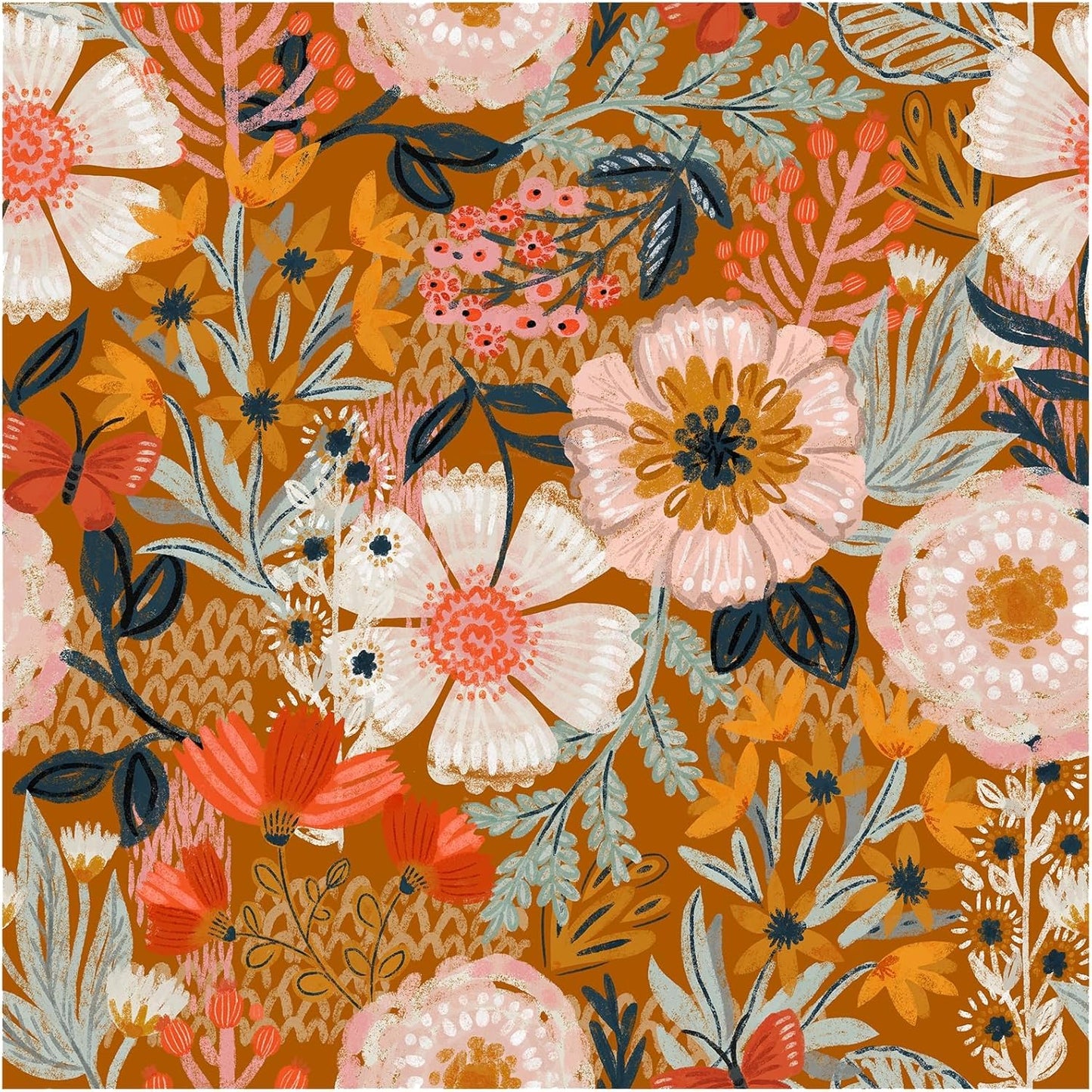 HAOKHOME Boho Peel and Stick Wallpaper Floral Wall Paper Removable for Bedroom Navy/Pink/Orange Contact Paper 17.7in x 9.8ft