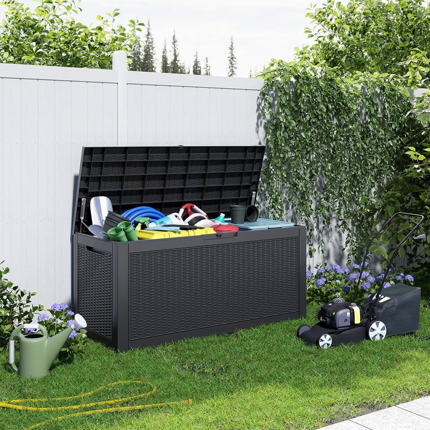 320 Gallon Outdoor Storage Box,Large Waterproof UV Resistant Deck Box,Lockable Storage Container for Patio Furniture Cushions Garden Tools and Pool Accessories(Black)