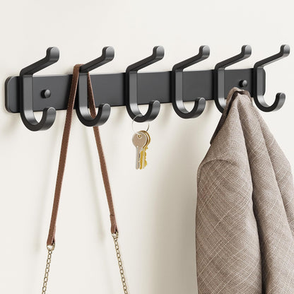 pickpiff Coat Rack Wall Mounted Heavy-Duty: Metal Coat Hanger 6 Hooks for Hanging Hat, Clothes, Robe, Keys, Backpack, Bathroom Towels, Jacket, Purse - Closet, Door, Entryway, Mudroom (Black, 1 Pack)