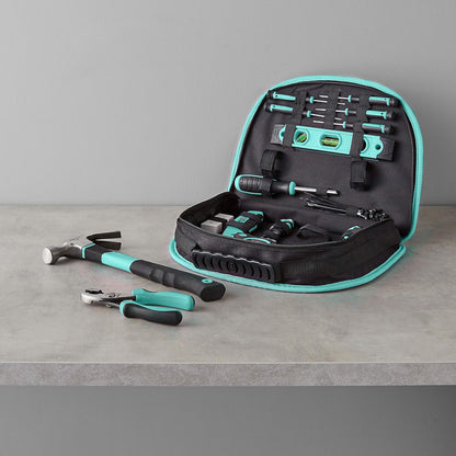 Amazon Basics 104-Piece Home Repair Household Tool Set with Easy Carrying Round Pouch, Portable Hand Tool Kit, Turquoise, 14.4 x 11.4 x 3 inches