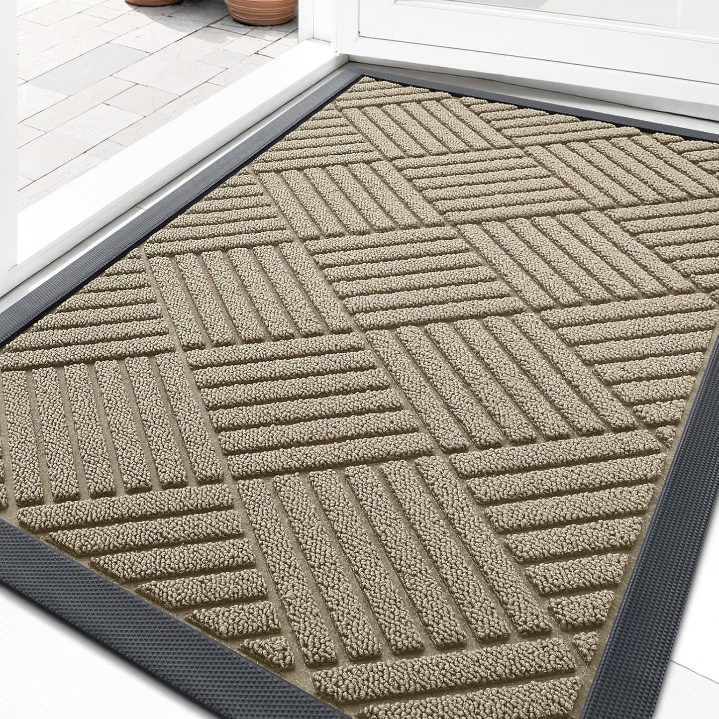 OLANLY Front Door Mat Outside Entrance 29.5x17, Absorbent, Heavy Duty Sturdy Natural Rubber Doormat Indoor Outdoor, Stain and Fade Resistant, Non-Slip Low Profile Floor Mat for Entryway, Grey Diamond